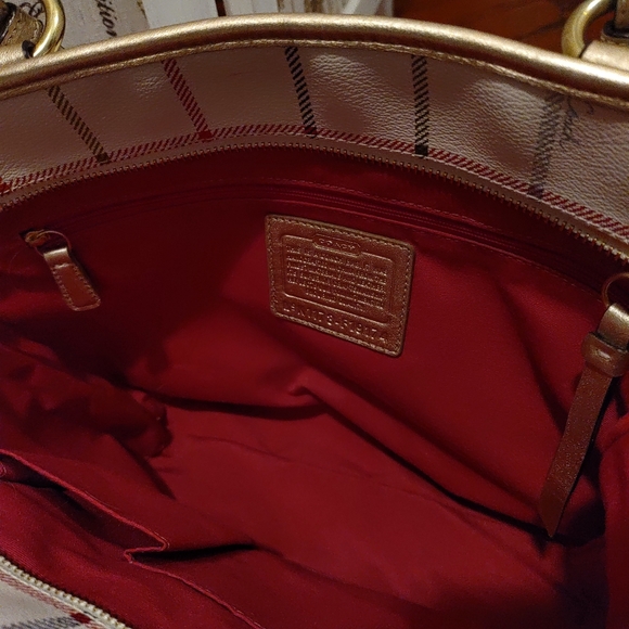 COACH 👜Peyton Tattersall Pocket Tote purse pink plum green w/ metallic trim - Picture 4 of 6